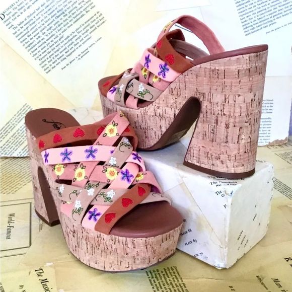 Free People Lisbon Platform Mules Sandal Embroidery Tan Multi Cork - Picture 3 of 10